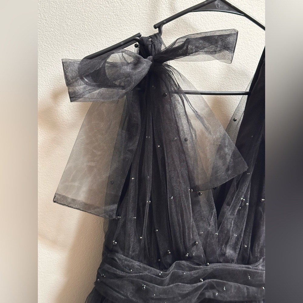 NEW Lulus Black Tulle Beaded Shoulder-Tie Tiered Mini Party Dress Women’s L READ - Picture 12 of 12